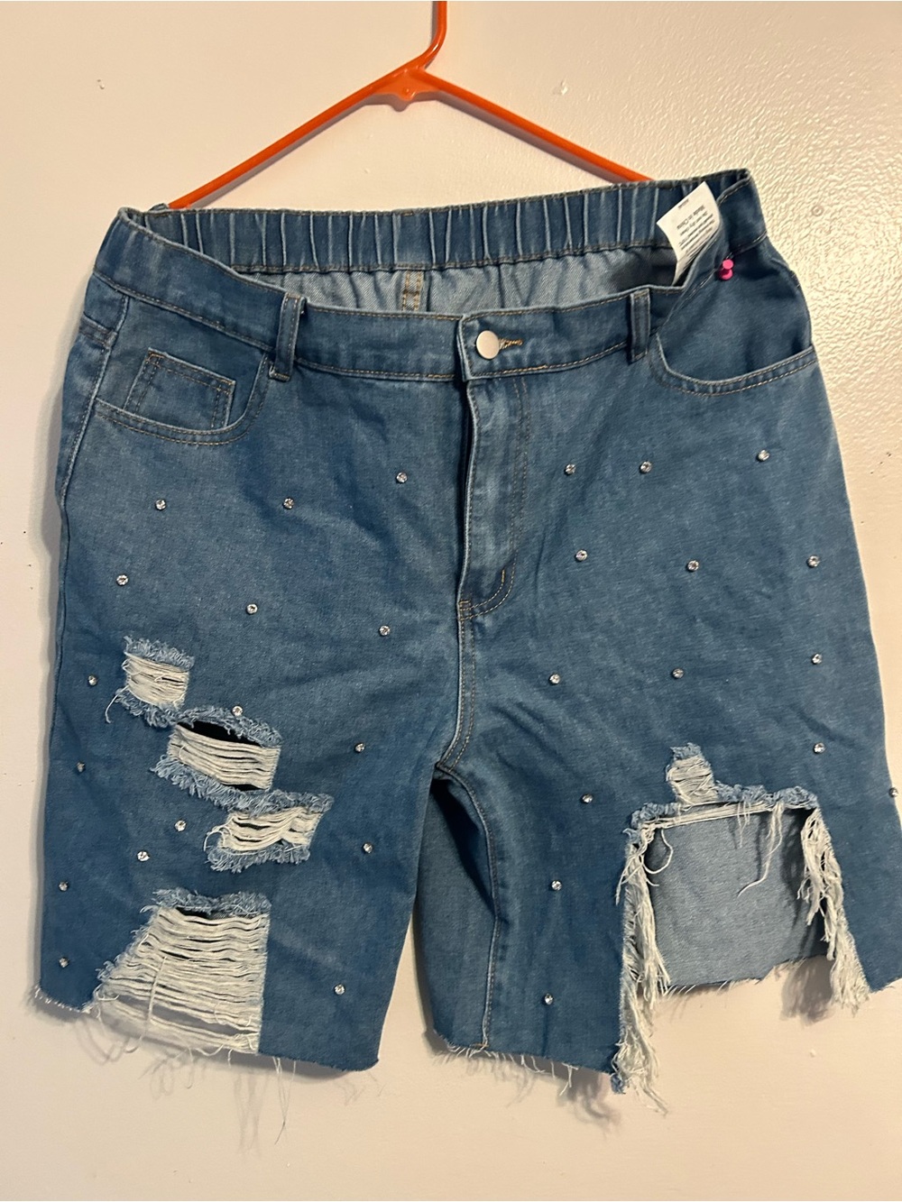 & Other Stories Blue Distressed Rhinestone Denim Bermuda Shorts